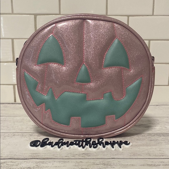 Love Pain and Stitches Handbags - *Love Pain and Stitches Pink and Textured Teal Chipped Tooth Happy Pumpkin Purse